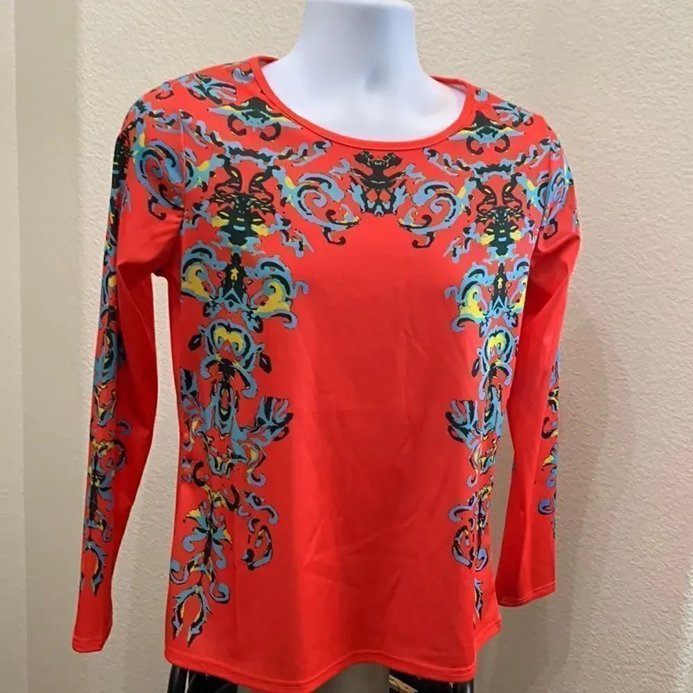 Misslook Size Medium Scoop Neck Long Sleeved Orange Blue Yellow Cotton Polyester